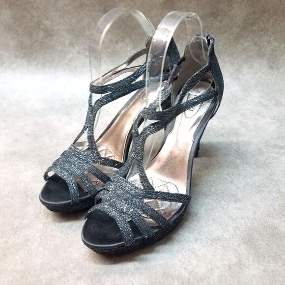 Alfani Womens Tacy Size 8 Glittery Silver Peep Toe T-Strap Platform Heels - Picture 3 of 10